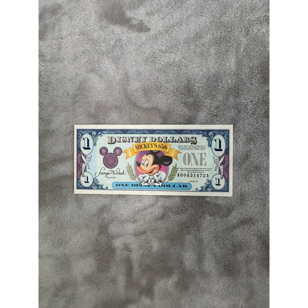 Disney Dollars Mickey Mouse 65th Anniversary 1 Dollar Bill Collectible